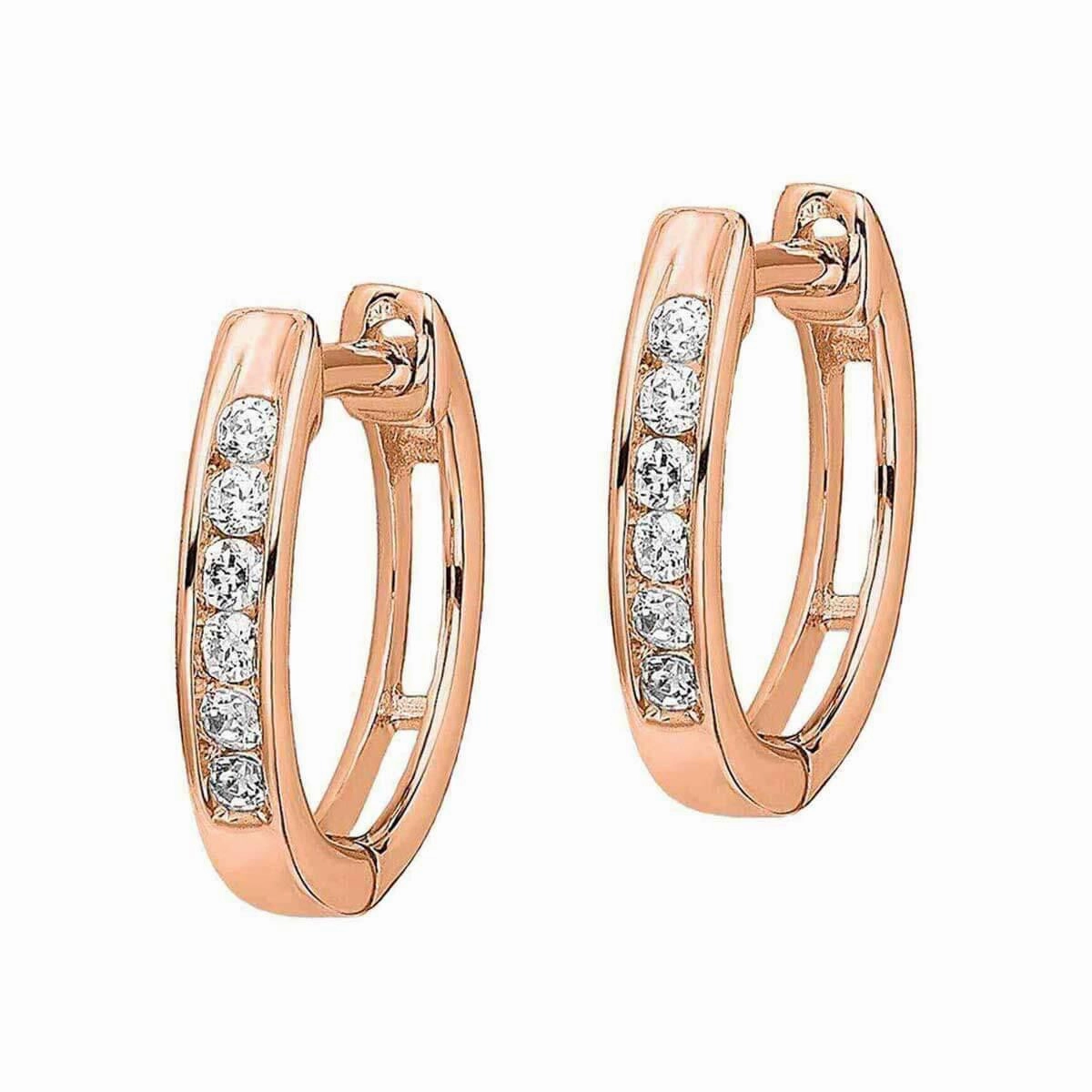 14K Rose Gold Polished Diamond Hinged Hoop Earrings