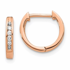 14K Rose Gold Polished Diamond Hinged Hoop Earrings