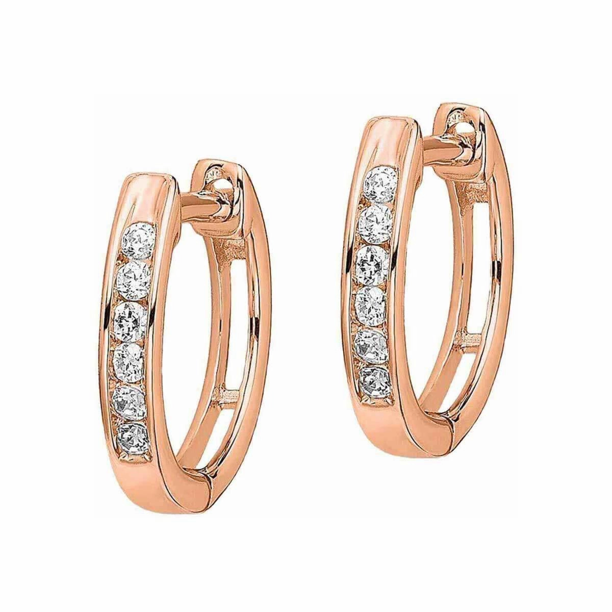 14K Rose Gold Polished Diamond Hinged Hoop Earrings