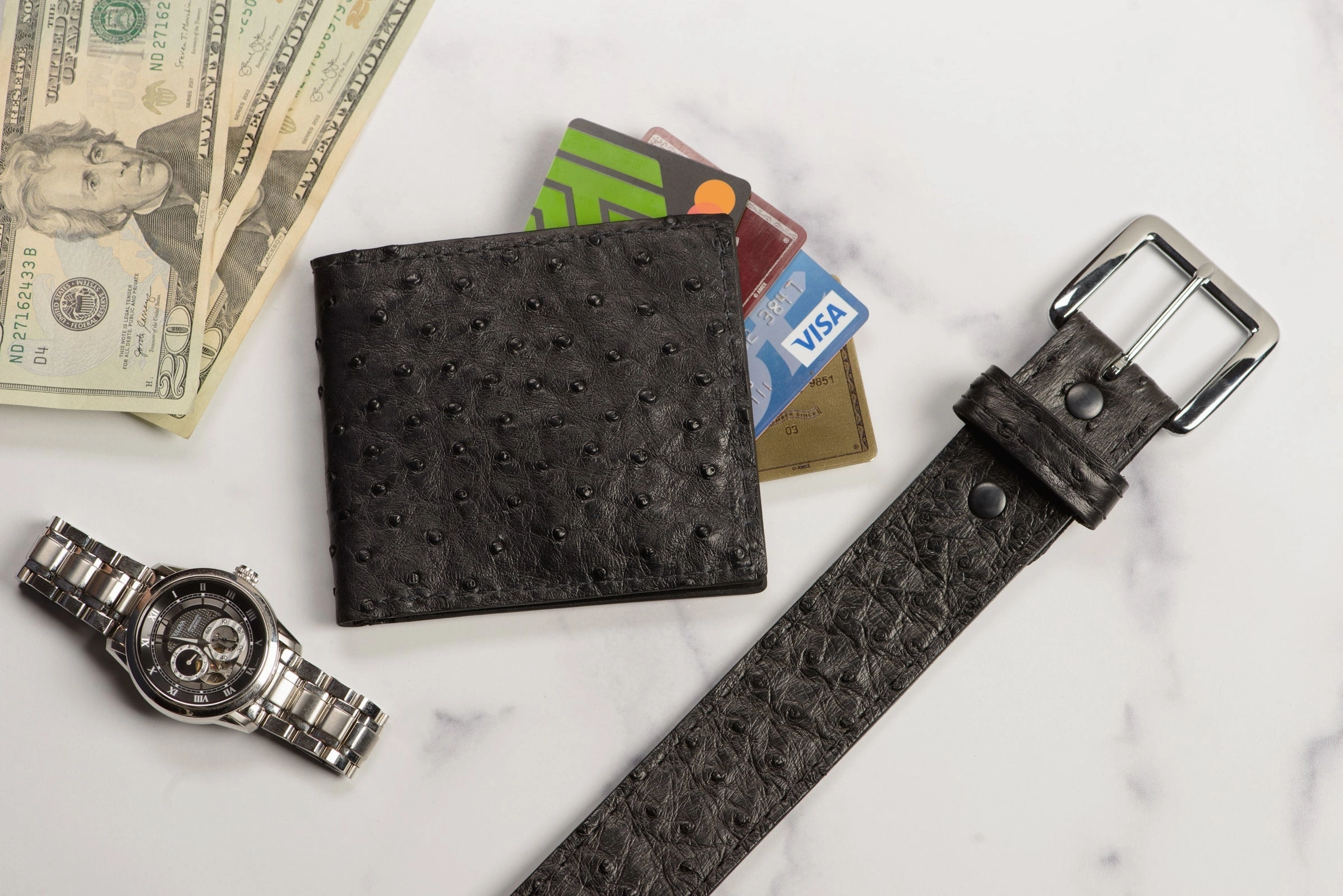 Black South African Ostrich Skin Money Belt With 25" Zipper 1.50" Wide