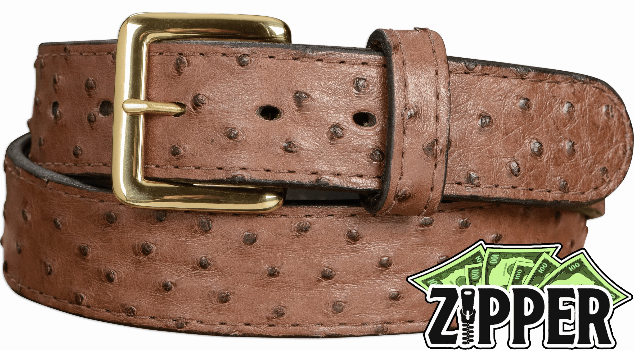 Brown South African Ostrich Skin Money Belt With 25" Zipper 1.50" Wide