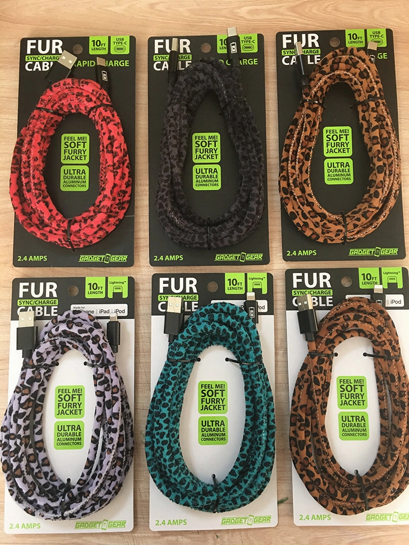 Charging Cable Fur Assortment 10FT 2.4 Amp - 6 Pieces Per Retail Ready Display 88341