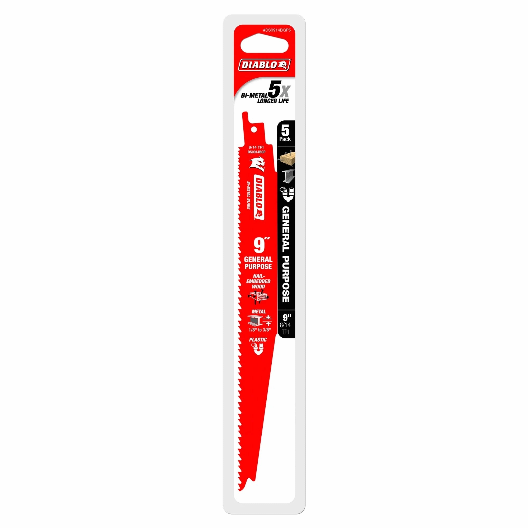 Diablo DS0914BGP5C 9″ x 8/14TPI Bi-Metal Recip Saw Blade – Nail Embedded Wood - 5 Pack