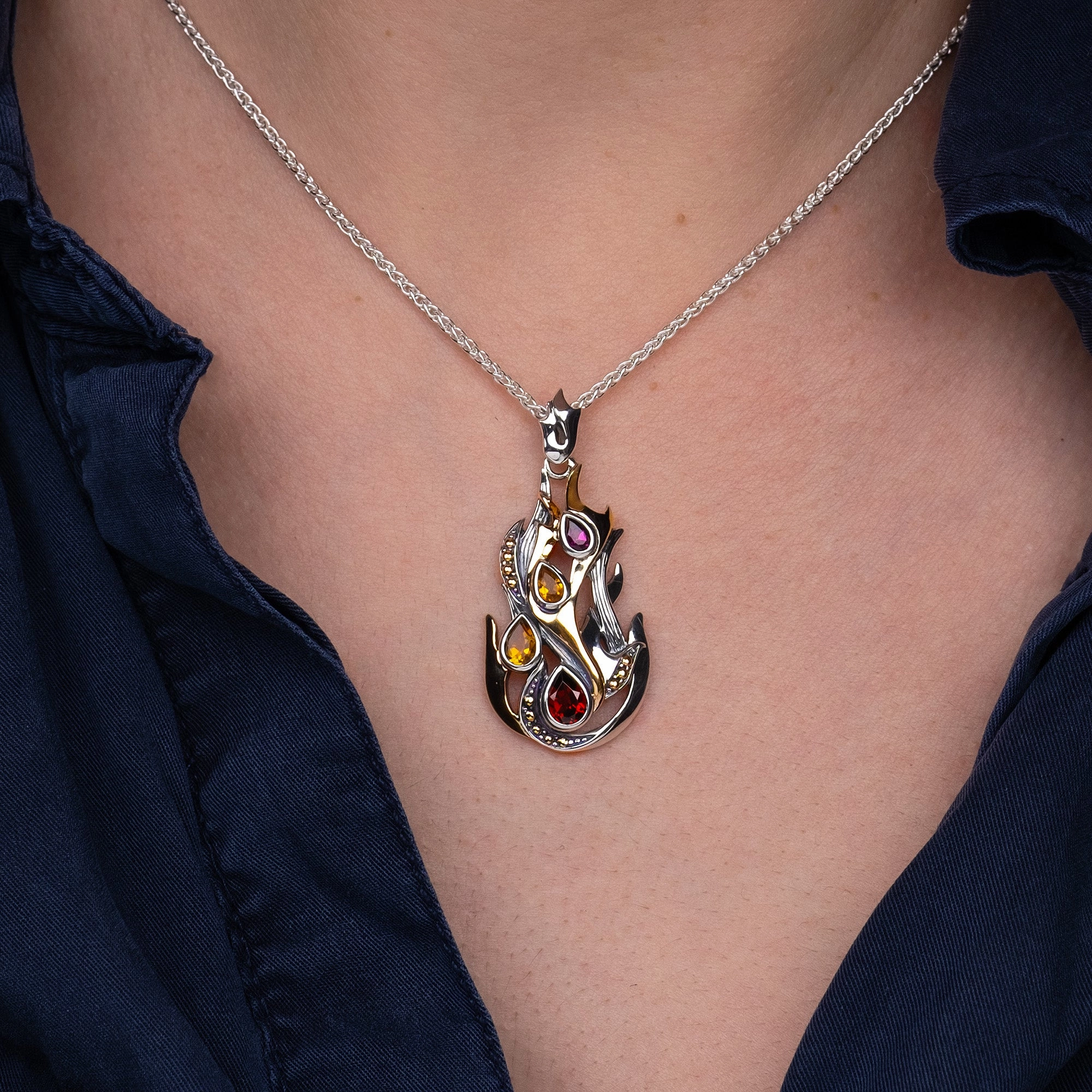 Silver and 10k Gold 'Fire' Element Pendant- Citrine-Rhodolite-Red Garnet