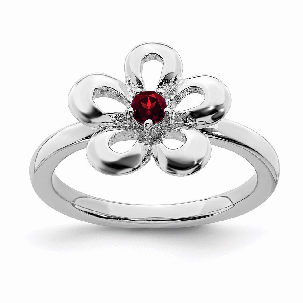 Sterling Silver Stackable Expressions Polished Garnet Flower Ring | QSK120