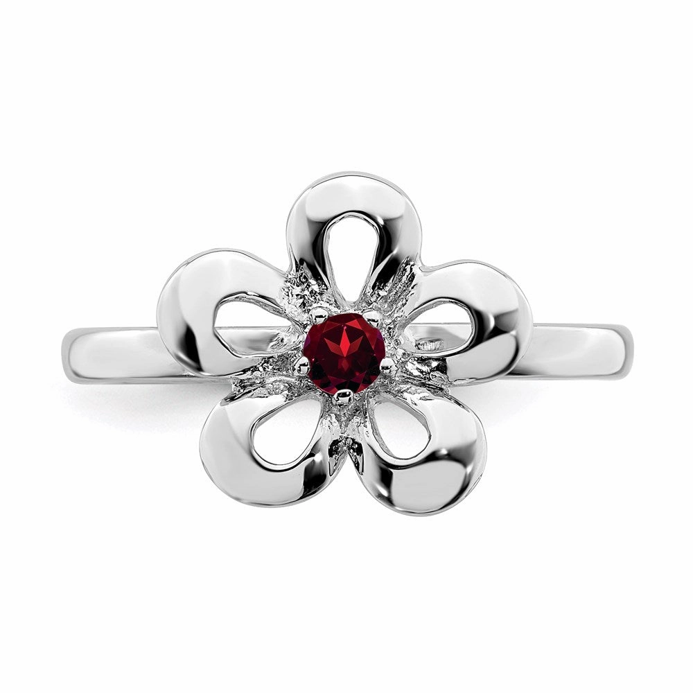 Sterling Silver Stackable Expressions Polished Garnet Flower Ring | QSK120