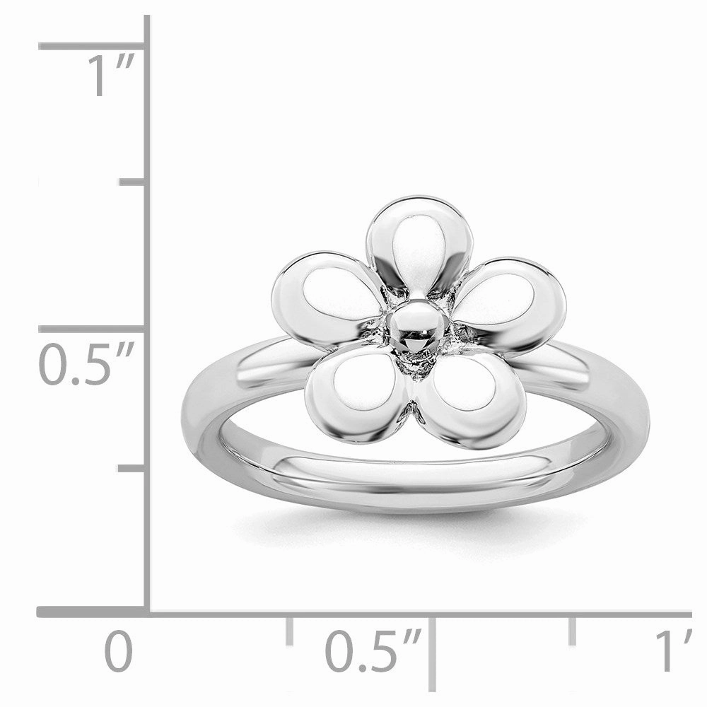 Sterling Silver Stackable Expressions Polished White Enameled Flower Ring | QSK124