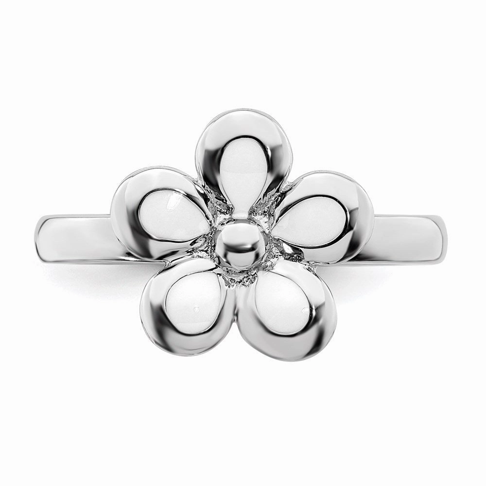 Sterling Silver Stackable Expressions Polished White Enameled Flower Ring | QSK124