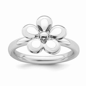 Sterling Silver Stackable Expressions Polished White Enameled Flower Ring | QSK124