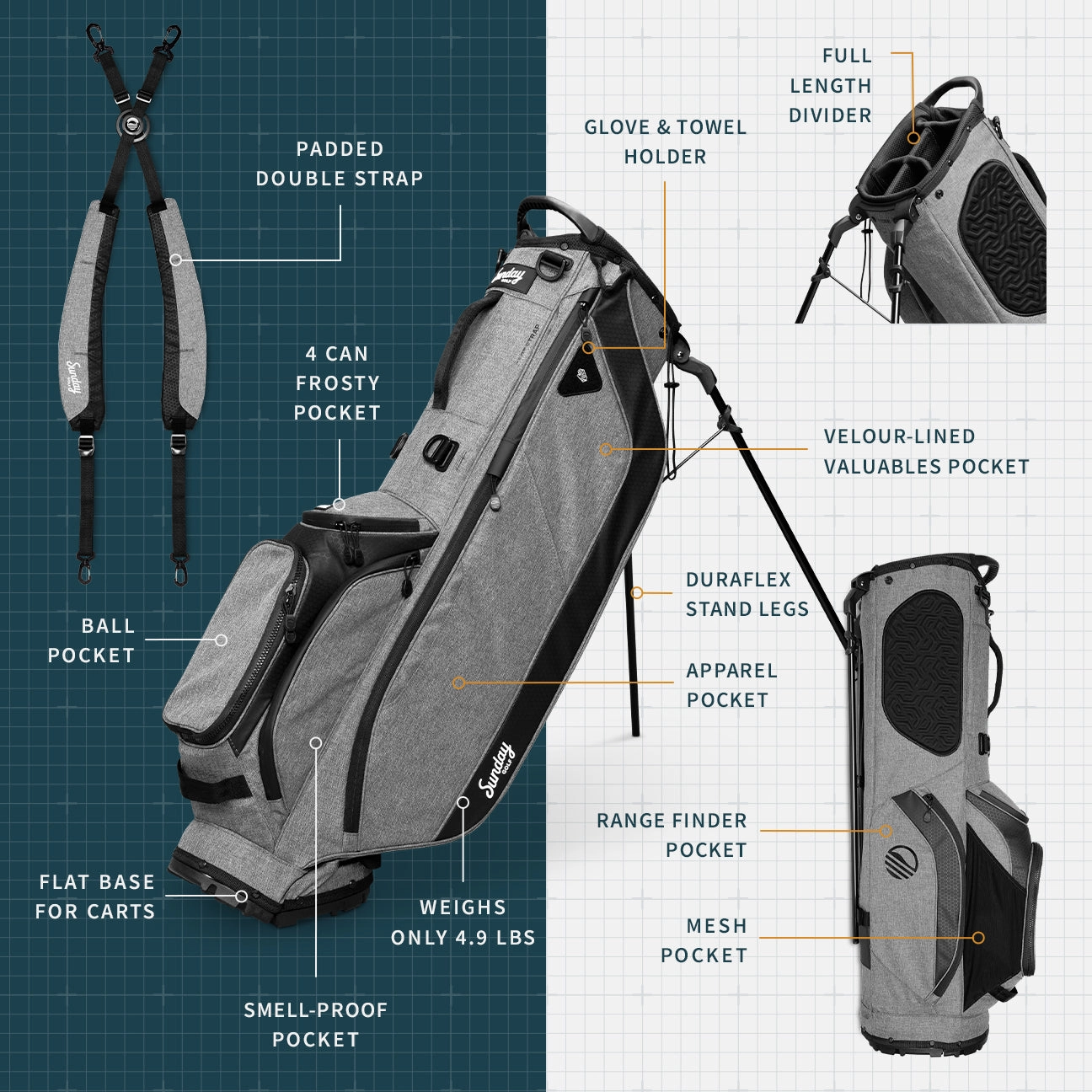Sunday Golf Ryder | Heather Gray Lightweight Stand Bag