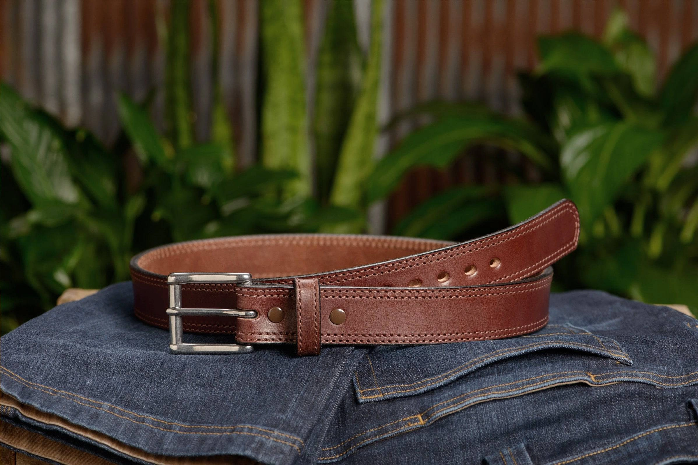 The Eastwood: Men's Brown Double Stitched Leather Belt Max Thick 1.50"