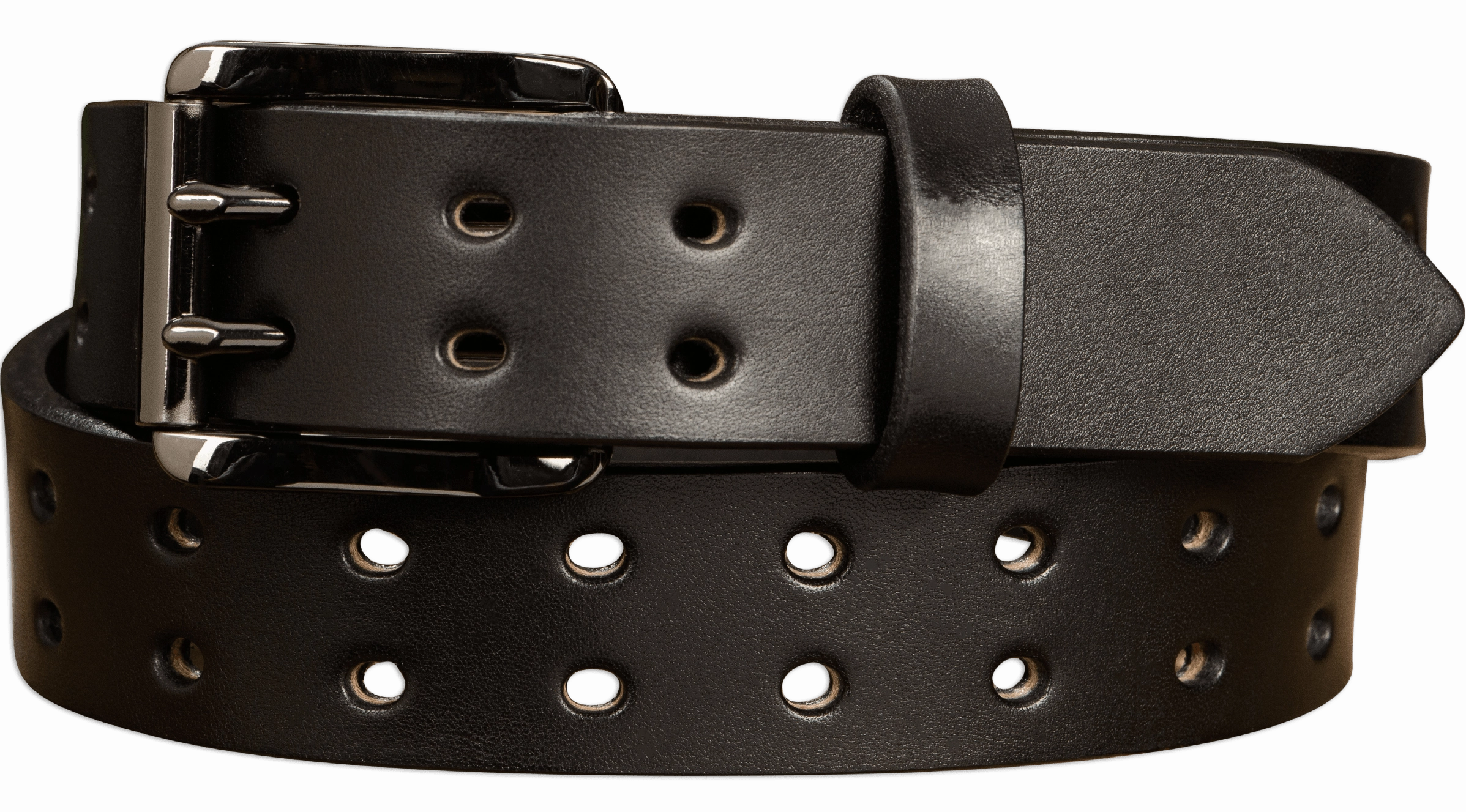 The Holey Bull: Men's Black Non Stitched Double Prong Leather Belt With Gunmetal Roller 1.50"