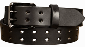 The Holey Bull: Men's Black Non Stitched Double Prong Leather Belt With Gunmetal Roller 1.50"