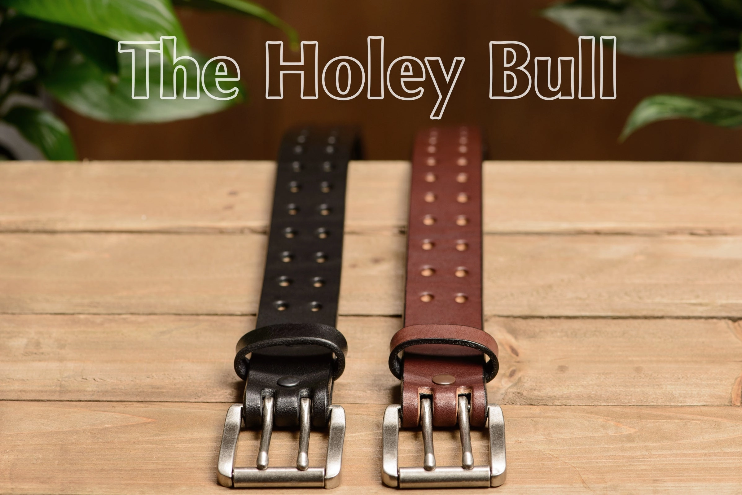 The Holey Bull: Men's Black Non Stitched Double Prong Leather Belt With Nickel Roller 1.50"