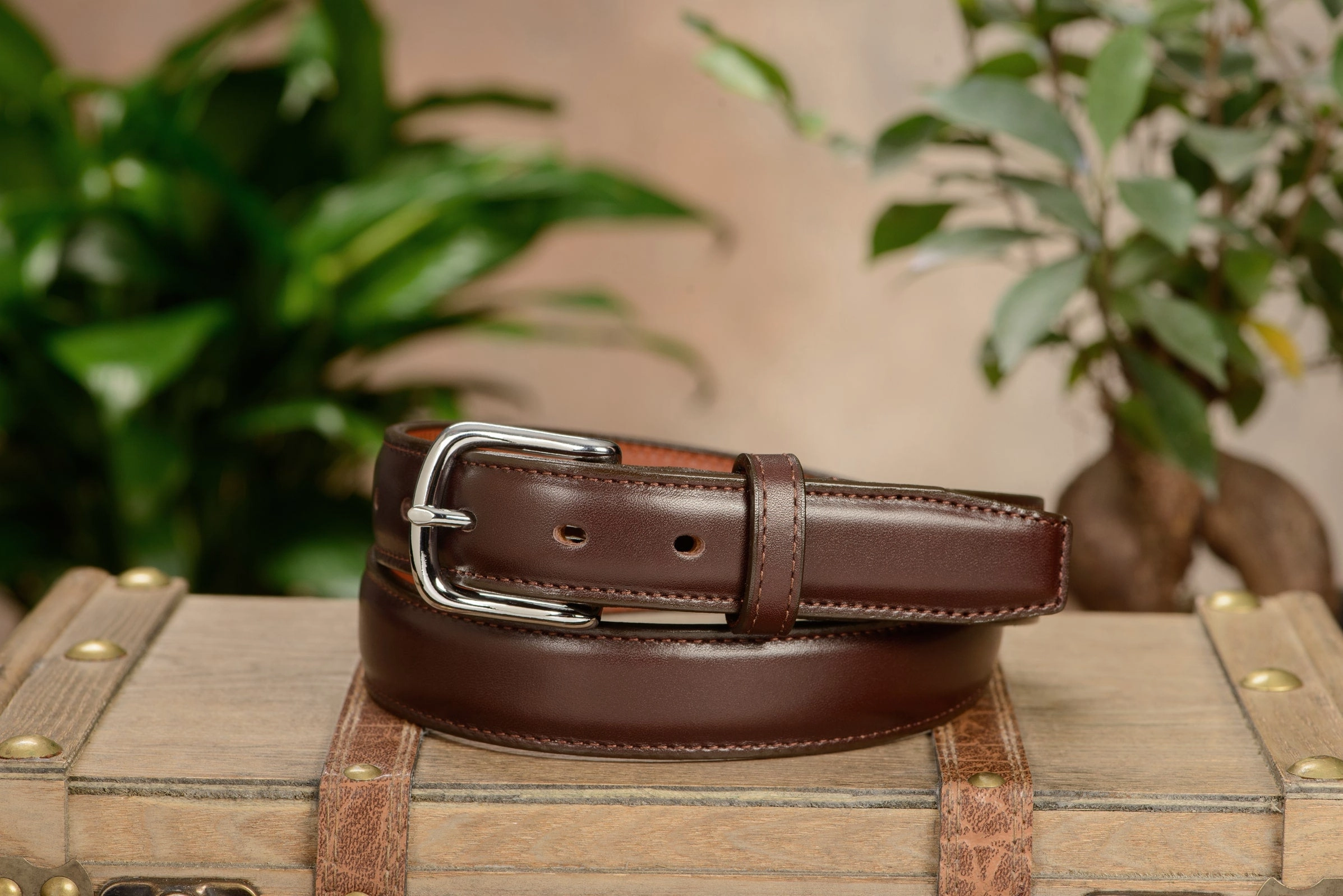 The Stallion: Men's Chocolate Brown Stitched Italian Leather With Steel Core And Chrome Buckle 1.25"