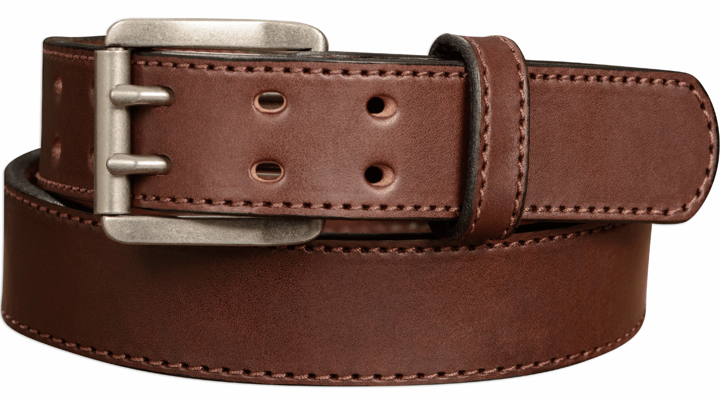 The Viper: Men's Brown Stitched Leather Belt With Double Prong Nickel Buckle - 1.50" Max