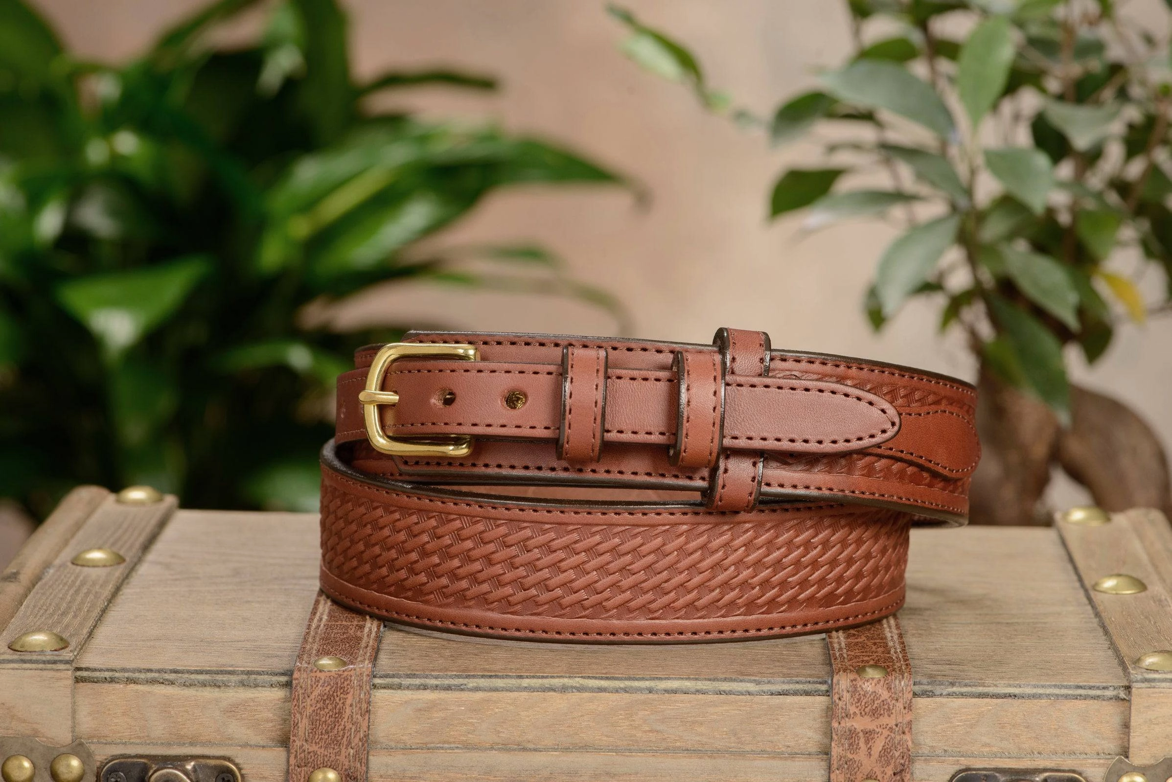 The Walker: Medium Brown Stitched Basket Weave Ranger 1.50"