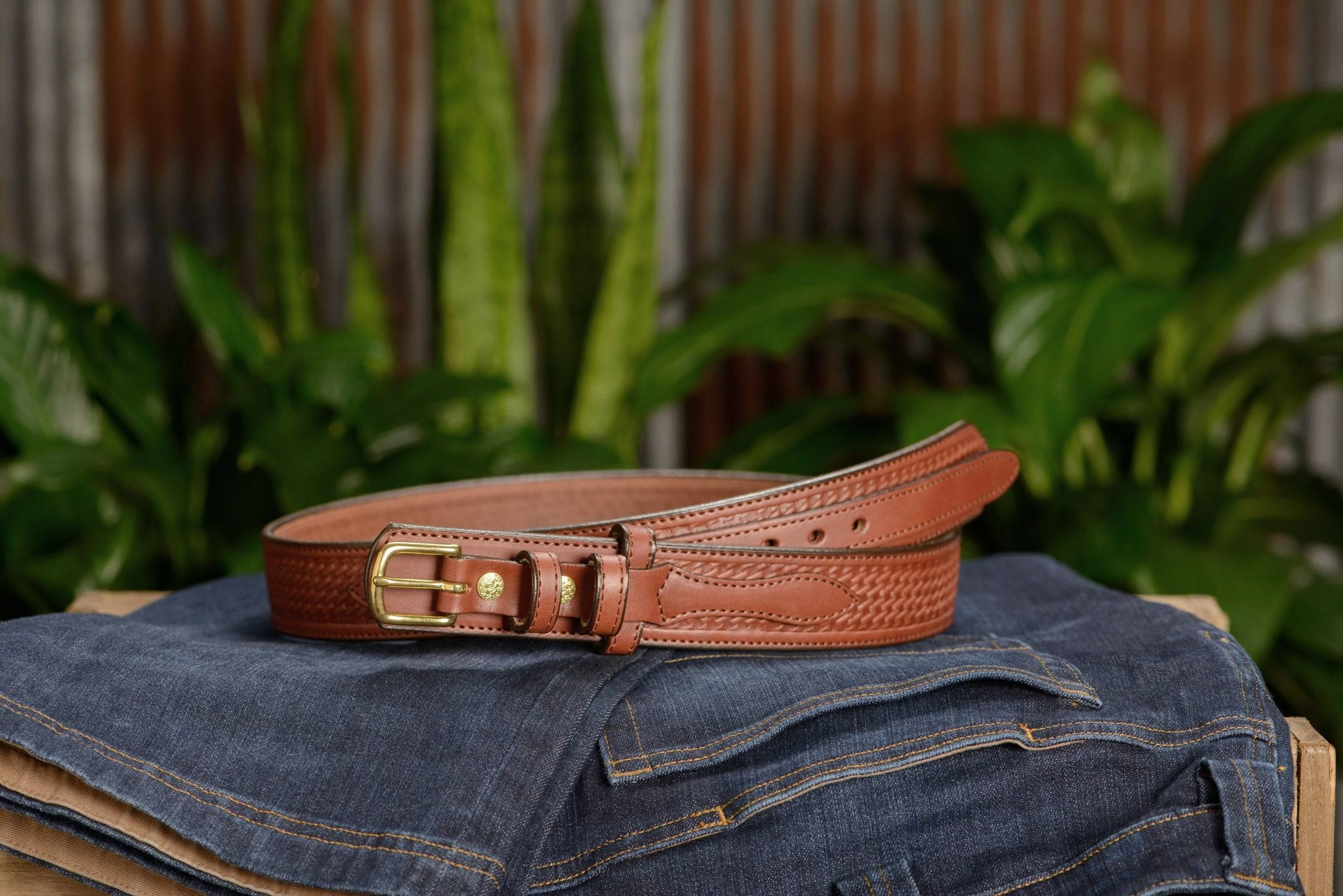 The Walker: Medium Brown Stitched Basket Weave Ranger 1.50"