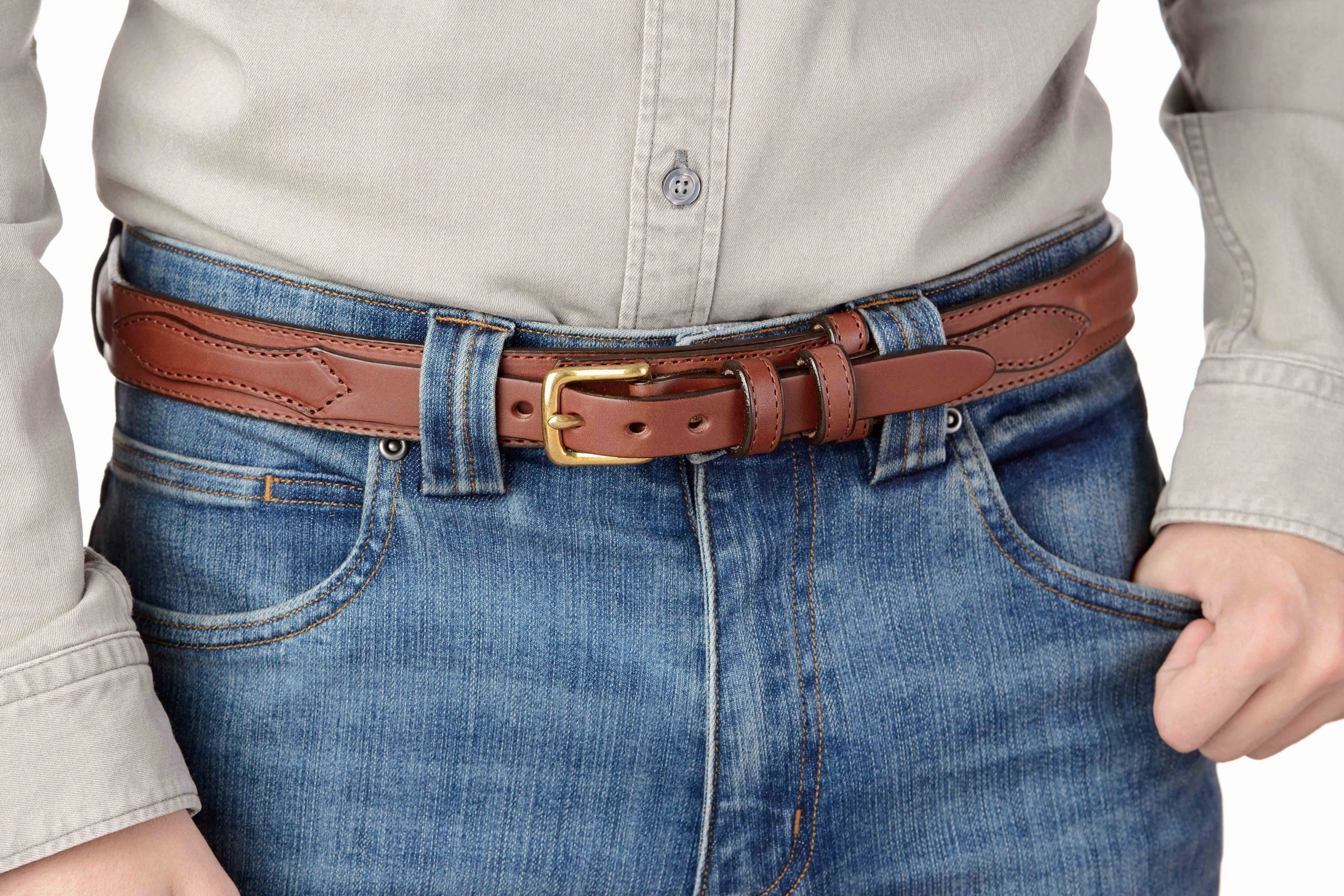 The Walker: Men's Medium Brown Stitched Ranger Leather Belt 1.25"