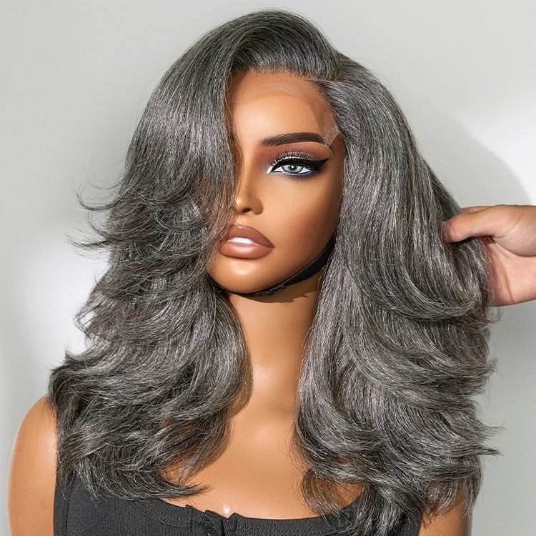 Weekly Special  | Layered Blowout Salt and Pepper Glueless Grey Wig Minimalist HD Lace Shoulder Length Wavy Wig