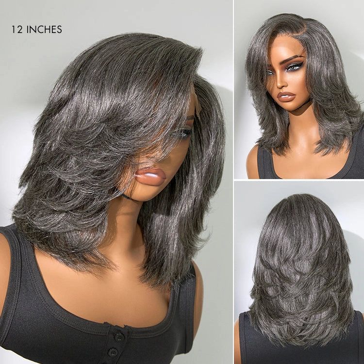 Weekly Special  | Layered Blowout Salt and Pepper Glueless Grey Wig Minimalist HD Lace Shoulder Length Wavy Wig