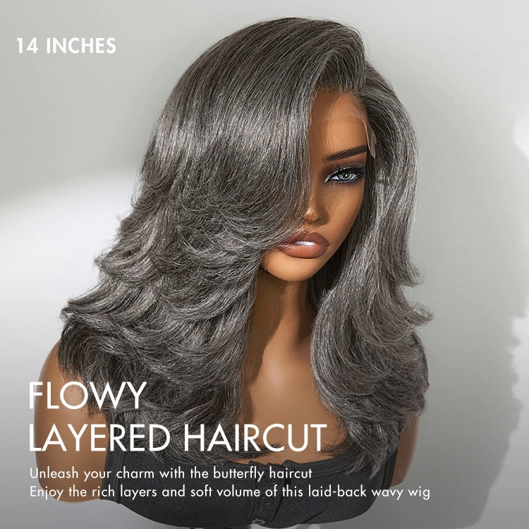 Weekly Special  | Layered Blowout Salt and Pepper Glueless Grey Wig Minimalist HD Lace Shoulder Length Wavy Wig