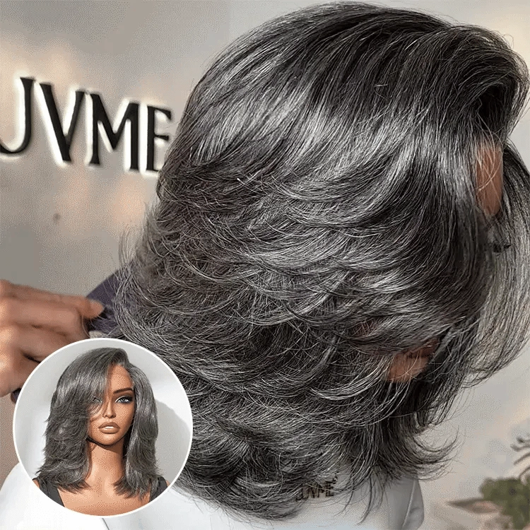 Weekly Special  | Layered Blowout Salt and Pepper Glueless Grey Wig Minimalist HD Lace Shoulder Length Wavy Wig