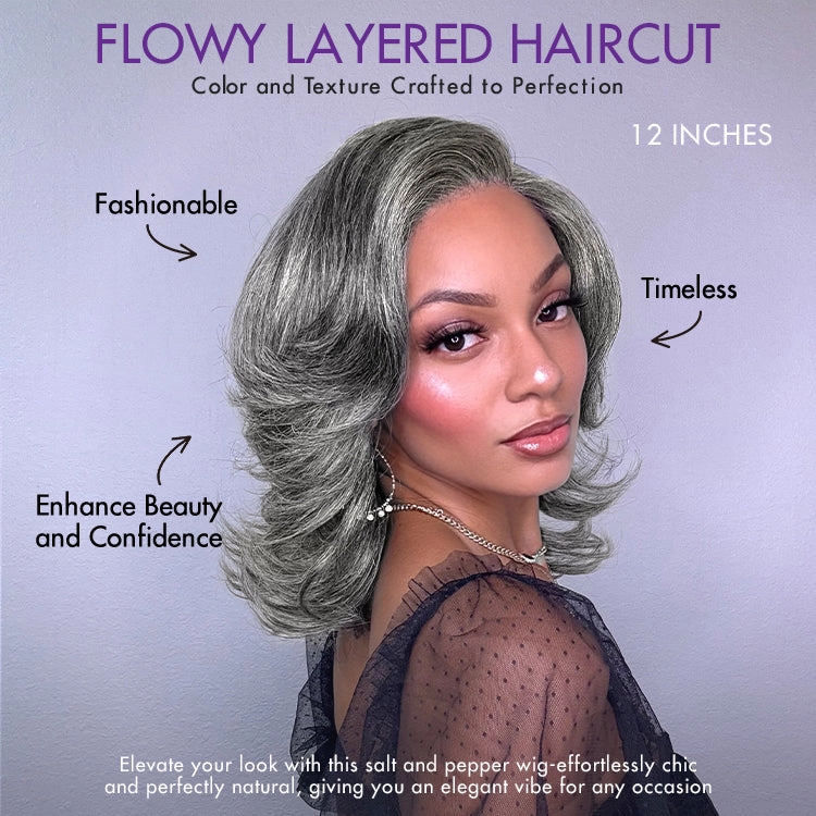 Weekly Special  | Layered Blowout Salt and Pepper Glueless Grey Wig Minimalist HD Lace Shoulder Length Wavy Wig