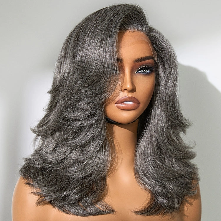 Weekly Special  | Layered Blowout Salt and Pepper Glueless Grey Wig Minimalist HD Lace Shoulder Length Wavy Wig