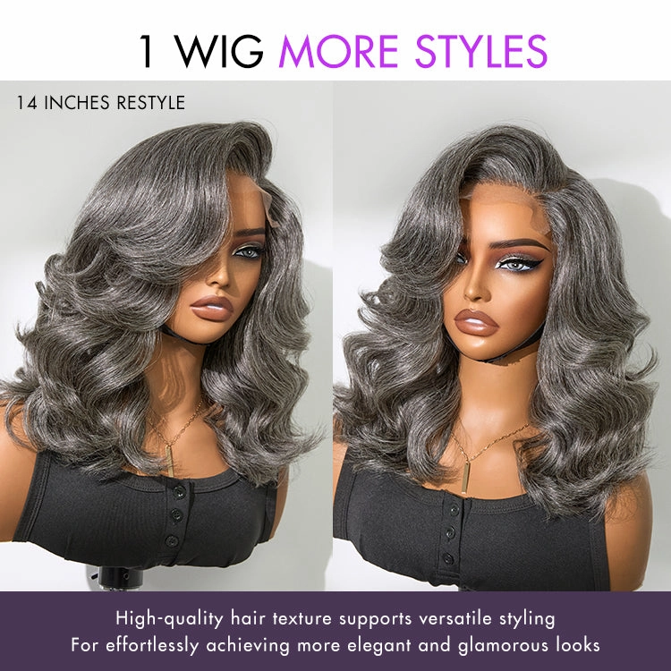 Weekly Special  | Layered Blowout Salt and Pepper Glueless Grey Wig Minimalist HD Lace Shoulder Length Wavy Wig