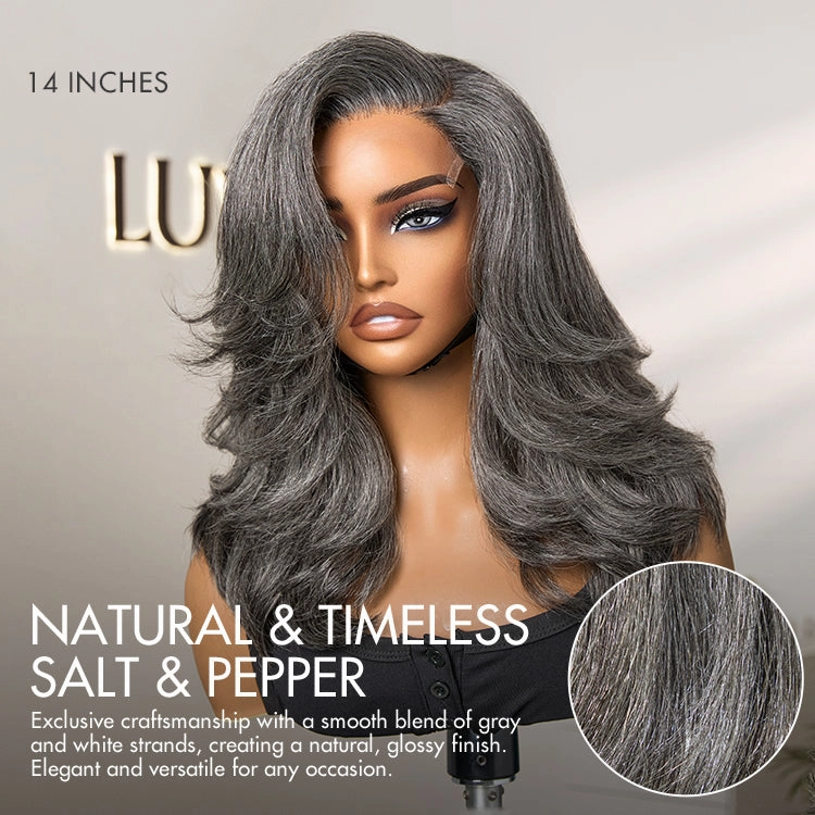 Weekly Special  | Layered Blowout Salt and Pepper Glueless Grey Wig Minimalist HD Lace Shoulder Length Wavy Wig