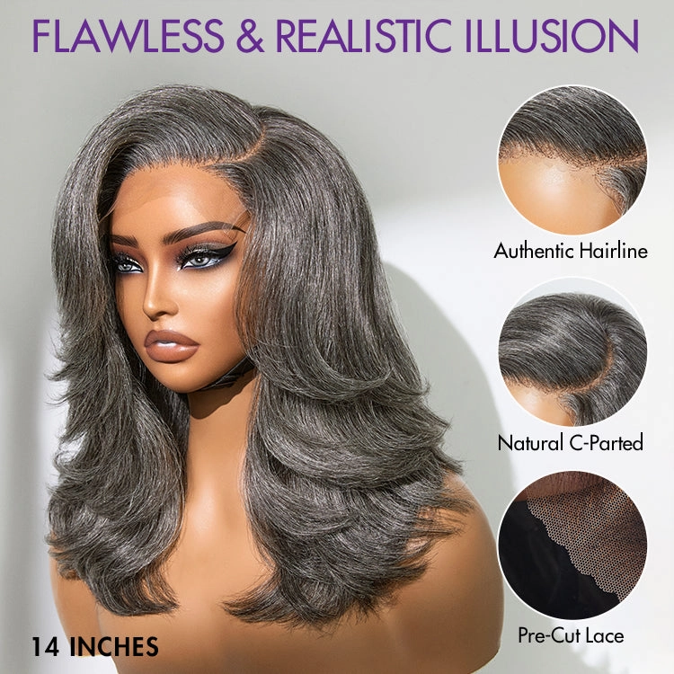 Weekly Special  | Layered Blowout Salt and Pepper Glueless Grey Wig Minimalist HD Lace Shoulder Length Wavy Wig