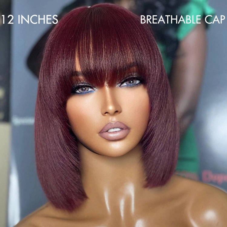 Weekly Special | Put On and Go Reddish Purple / Brown Highlight / Natural Black Layered Cut Yaki Straight Minimalist Lace Bob Wig with Bangs