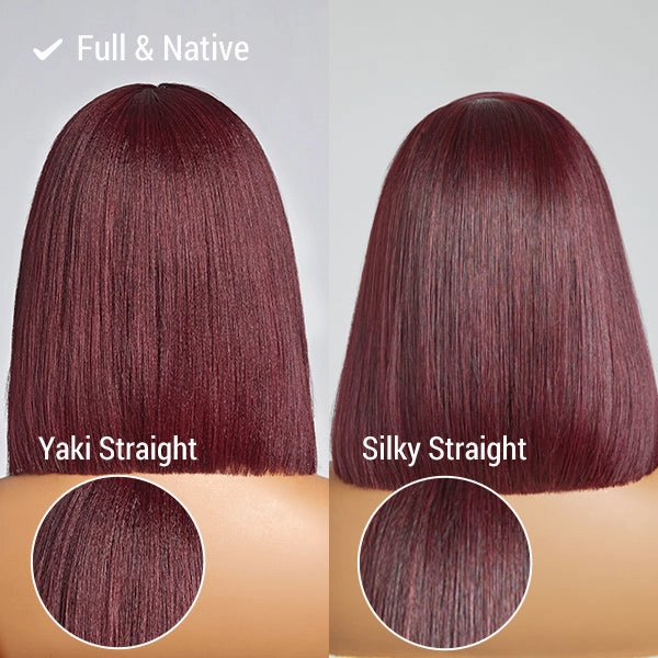 Weekly Special | Put On and Go Reddish Purple / Brown Highlight / Natural Black Layered Cut Yaki Straight Minimalist Lace Bob Wig with Bangs