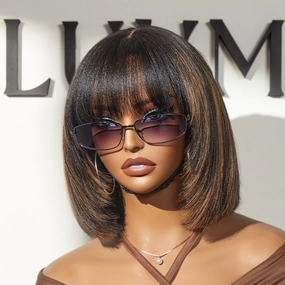 Weekly Special | Put On and Go Reddish Purple / Brown Highlight / Natural Black Layered Cut Yaki Straight Minimalist Lace Bob Wig with Bangs
