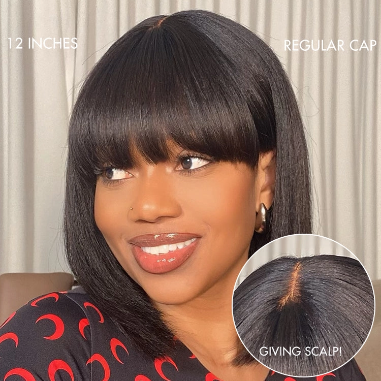 Weekly Special | Put On and Go Reddish Purple / Brown Highlight / Natural Black Layered Cut Yaki Straight Minimalist Lace Bob Wig with Bangs